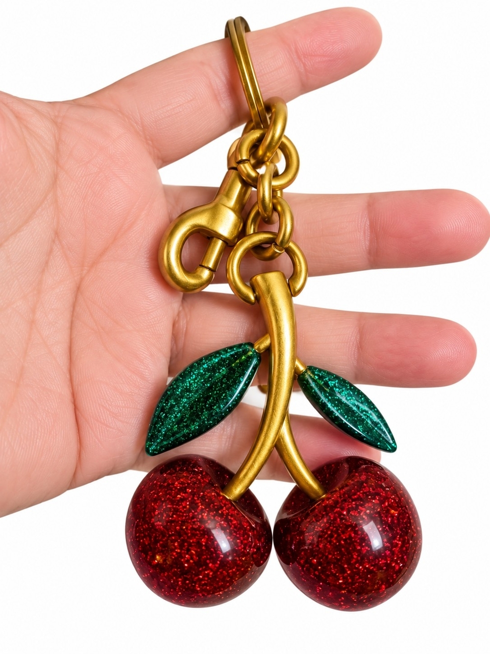 Gold-Tone Cherry Keychain with Glitter Red Cherries and Green Leaves